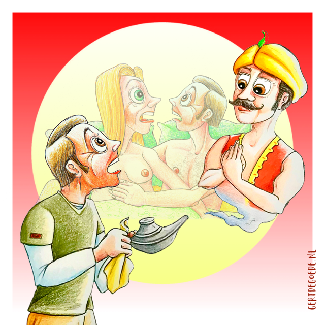 Gert de Goede writer artist cartoonist illustrator Uden Maashorst Netherlands Holland famous Aladin wish Gohst out of lamp geanny nude breasts bed boys dream