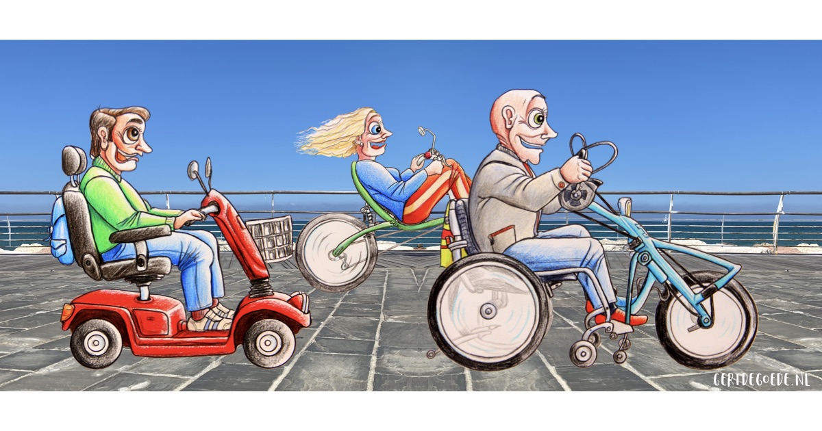 handbike handbiker scootmobiel scootmobile ligfiets handicap gehandicapt handbikers Gert de Goede cartoons cartoonist illustrator illustratie illustration handicap Uden Netherlands samen together schrijver writer tekenaar kunstenaar