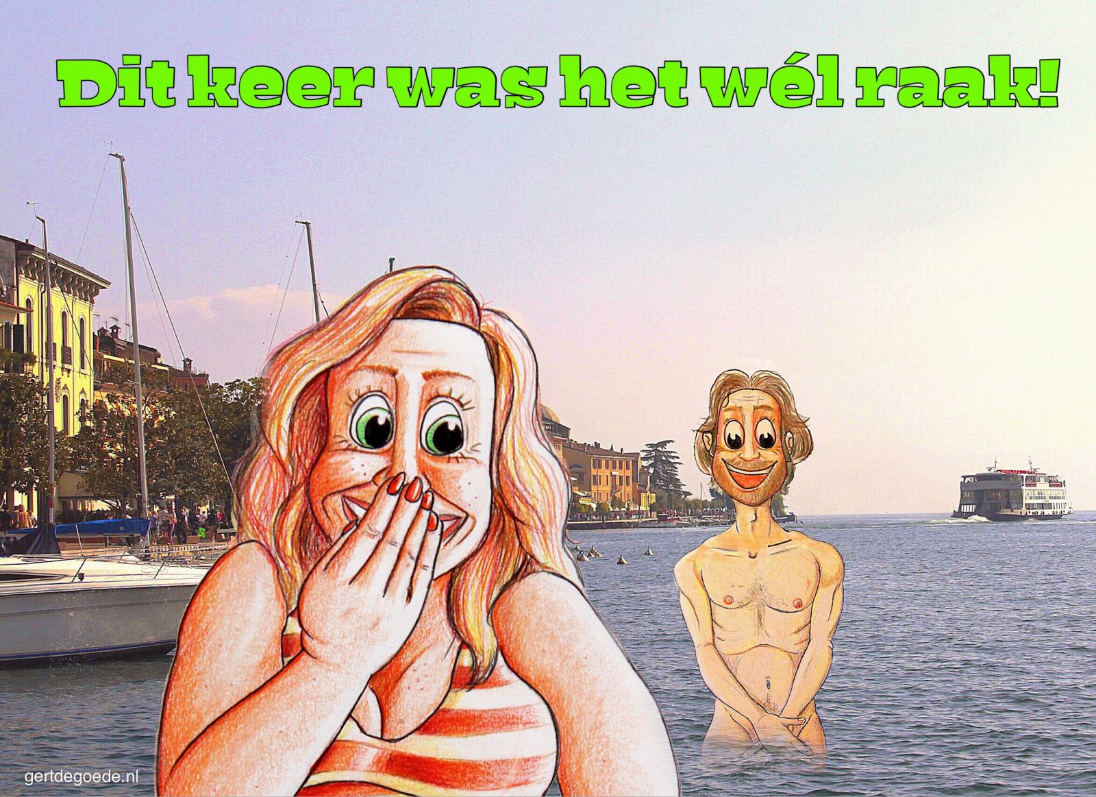 Kikker gekust rood haar redhead red hair badpak bathingsuit nude embarrissing Illustratie illustrate illustrazione illustrazion ambachtelijk tekening gert de goede kunst artwork vrolijk gelukkig tevreden